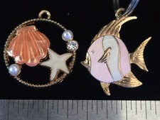 Two Beach Sea Themed Keychains 1" Size Fish Seashells