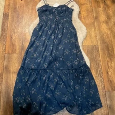 Patrons Of Peace Maxi Dress Size Large Navy Blue Floral Spaghetti Strap Flowy