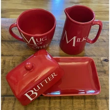 Create by Just Mugs Red Milk Pitcher, Butter Dish w/lid & Mug of Coffee. England