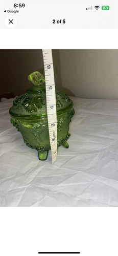 Vintage Jeanette Four Footed Green Grape Leaf Glass Candy Dish With Lid