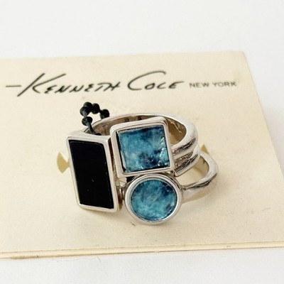 Kenneth Cole Geo Stacked Set 2 Rings Silver Tone Modern NWT Blue Black Ring
