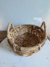 Round Rattan Wicker Basket w/ Handles Rustic Farmhouse Fruit Bread Bowl Decor