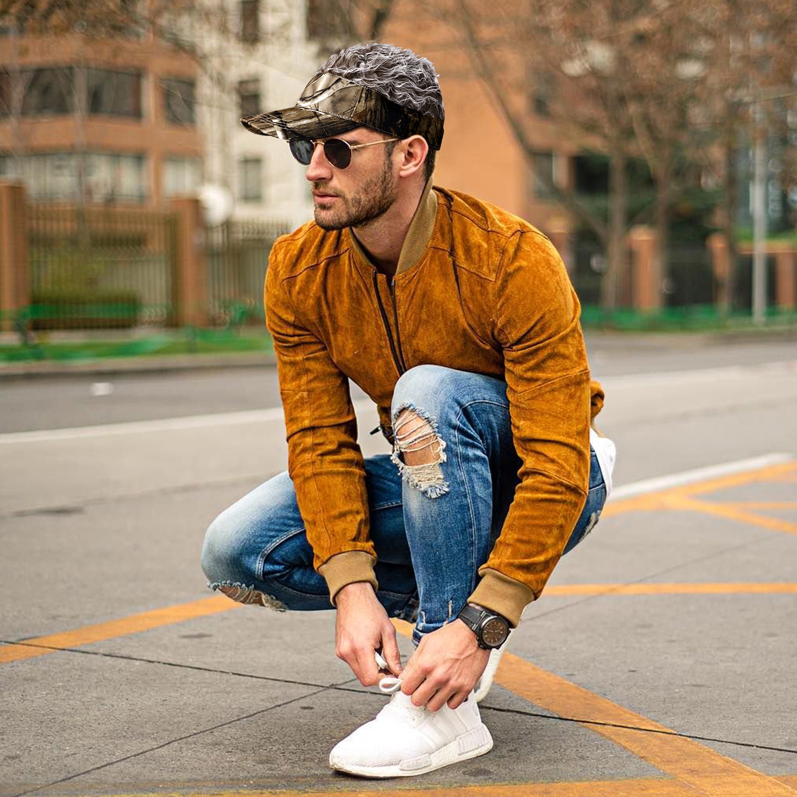 Mens Camouflage Baseball Golf Hat Cap Sun Visor Wig Hat With Fake Flair Hair