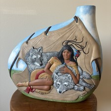 Rare Painted Ceramic Bisque Native American Indian Woman and Wolves Jug Vase