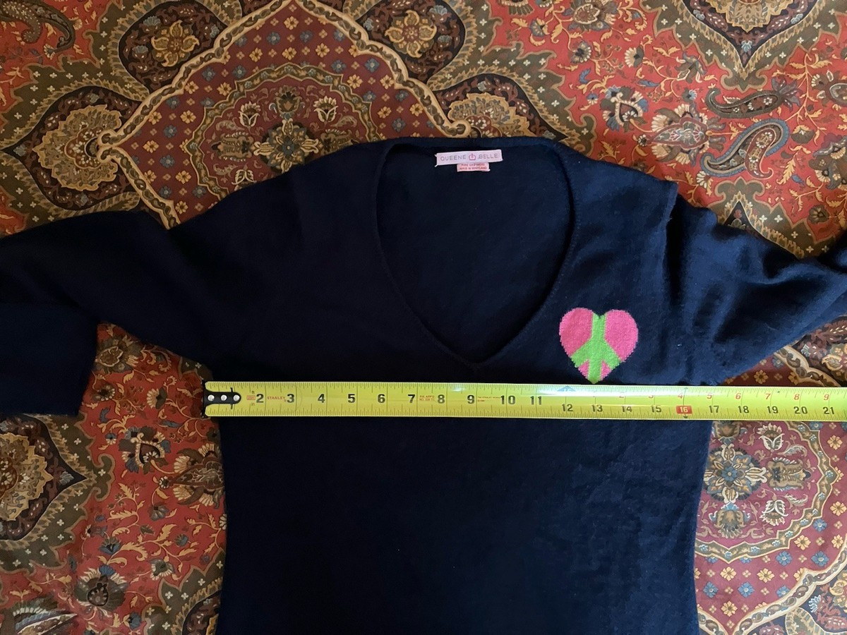 Queene Belle 100% Cashmere Sweater Navy  Blue Pink Green Heart Peace L Scotland View 5