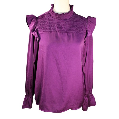 Banana Republic lila Rüschen gesmokte Stehkragen Langarm Bluse S - Bild 2 von 4