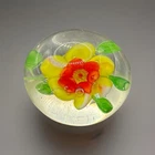 Vintage Yellow & Red CLEMATIS FLOWER Lampwork Art Glass Paperweight Murano Style
