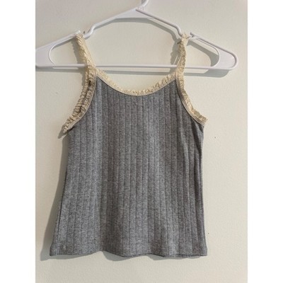 Art Class Ribbed Pointelle Lace Tank Top Girls S 6/7 Gray Cream Trim
