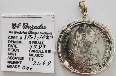 1783 El Cazador Shipwreck Spanish 8 Reale Colonial Dollar Pirate 8R Coin W/Bezel