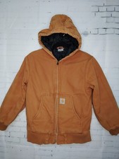 Carhartt Jacket Youth Boys Medium 10/12 Brown Canvas Chore Coat Quilt Lined Hood