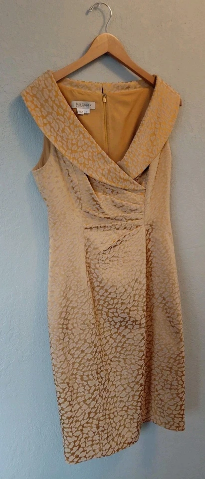 Vestido de cóctel Kay Unger New York para mujer talla 8 dorado animal jacquard elegante Foto 3 de 4