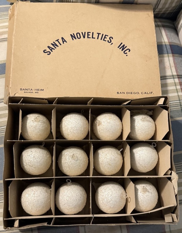 Vtg Santa Heim Novelties Glitter White Christmas Ornaments 12 Pack Original Box