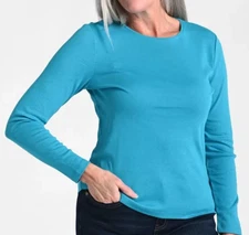 CJ Banks Size 2X Solid Turquoise Blue knit top, crew neck, long sleeve, NWT