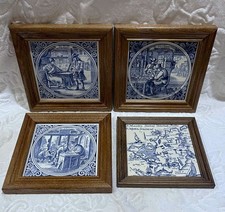 Lot of 4 Delft Handpainted Framed Tiles Blue and White 6x6