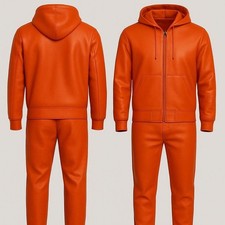 Men Jogging Tracksuit Orange Hooded Men Genuine Leather Track Suit Sweat suit