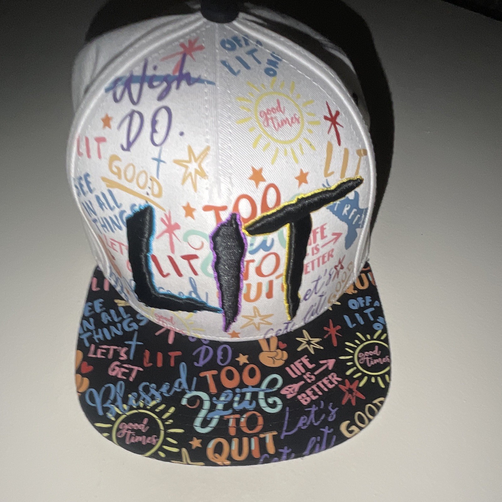 Top Level LIT Logo Graphic Print Snapback Hat Adjustable One Size White/Black