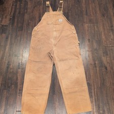 Carhartt Duck Canvas Bib Overalls Mens 42x29 Brown Workwear Distressed Dbl Knee