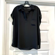 Pleione Short Sleeve Blouse Top Women’s Size XXL Black Sheer Collared V-Neck