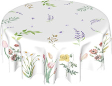 Watercolor Wild Floral Leaf Tablecloth round 60 Inch,Spring Summer Colorful