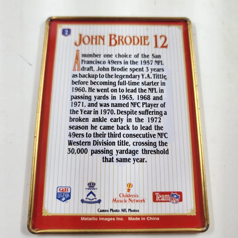 1993 Metallic Images Quarterback Collection metal trading card, John Brodie - Image 2 of 2