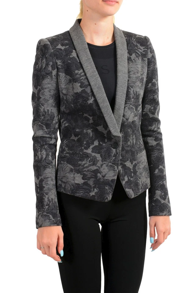 Blazer Just Cavalli Para Mujer Gris Estampado Floral 100% Lana Un Botón EE. UU. S IT 40 Foto 2 de 4