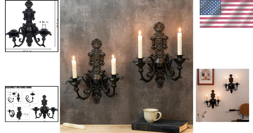Elegante Candelabros Góticos - Juego de 2 Apliques de Pared Negros para Decoración del Hogar Foto 2 de 4