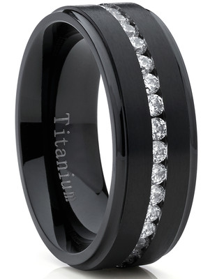 Black Titanium Men's Eternity Wedding Band Ring with Cubic Zirconia CZ