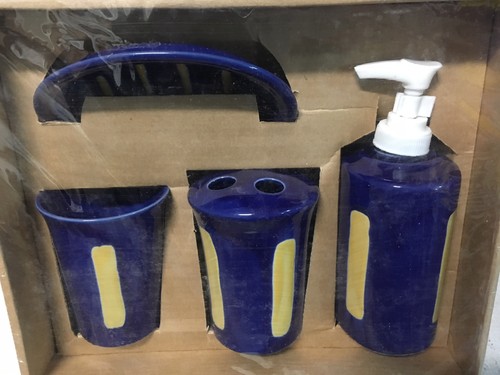 Set 4 Pezzi da Bagno Vintage Ceramica Blu con decorazione - Foto 3 di 3