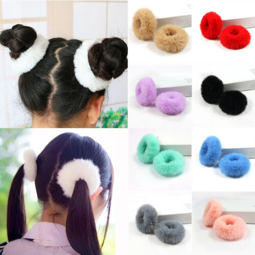 New 2Pcs Kids Girls Fluffy Faux Fur Furry Scrunchie Elastic Hair Ring Rope Band