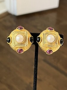 Authentic Vintage Natasha Stambouli 24k Gold Plated Semi Precious Stone Large Dome Earring