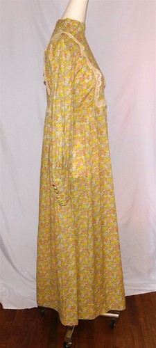 Vestido Largo BOHO Pradera Campesina Estampado Floral Amarillo Verde Encaje Borde Años 70 De Colección - Imagen 4 de 6