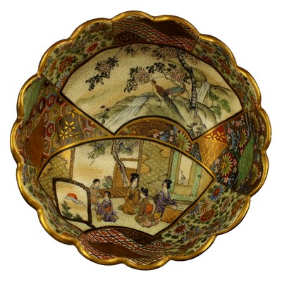 Superb Signed Japanese Meiji Period Satsuma Scenic Bowl w/ Enamel Flowers