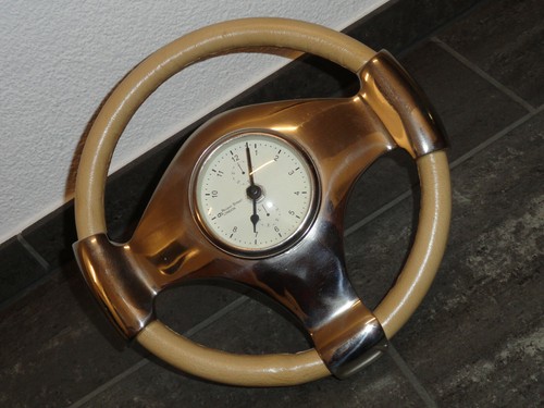 Vintage-Deko: TISCHUHR LENKRAD aus Leder + poliertem Metall - Bild 3 von 6