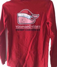 Vineyard Vines Kids Santa Whale Long Sleeve Shirt -Size L Red Color