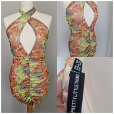 Pretty Little Thing Size 10 Neck Wrap Dress Green Floral Print Ladies