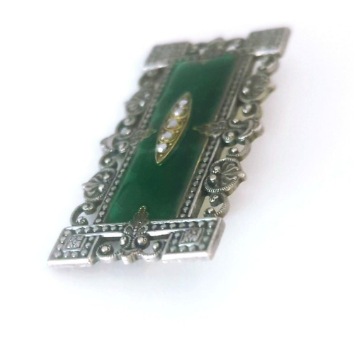 Vintage Catherine Popesco Rectangular Silver Tone Green Brooch Art Deco Nouveau - Picture 2 of 4