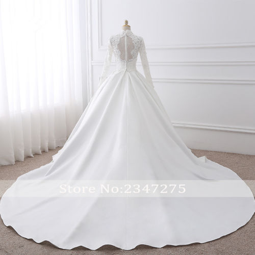 Vestidos de novia musulmanes de satén manga larga cuello alto apliques de encaje vestidos de novia - Imagen 3 de 7