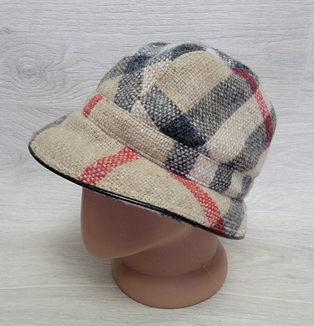 Authentic Burberry Bucket Hat Wool Leather Trim Mega Nova Check