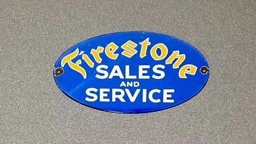 VINTAGE FIRESTONE TIRES SALES SERVICE PORCELAIN SIGN CAR GAS OIL TRUCK