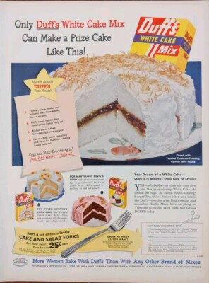 1950 Duff's White Cake Mix Print Ad, Coconut Frosting And Currant Jelly Filling 