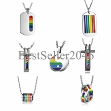 Rainbow Pride Unisex Dog Tag Pendant Chain Necklace LGBT Gay Lesbian Jewelry