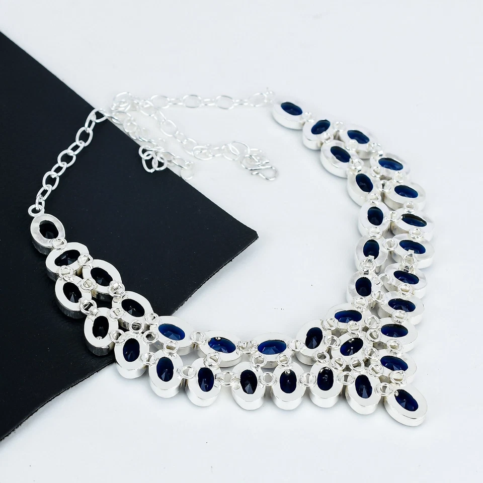 Collana In Argento Sterling 925 Con Gemma In Zaffiro Blu Creato In Laboratorio - Immagine 4 di 4