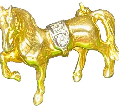 Feine tänzelnde Pferd Anstecknadel Gelb Weiß Gold 10k Diamant Anstecknadel 3,3g Reiter Brosche - Bild 5 von 12