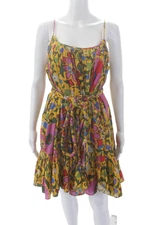 Rhode Womens Spaghetti Strap Braided Belted Floral Mini Dress Yellow Multi Small
