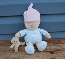 FAO Geoffrey Plush Baby Doll Holding Teddy Bear Stuffed Toy 12" 2010 Blue Pink