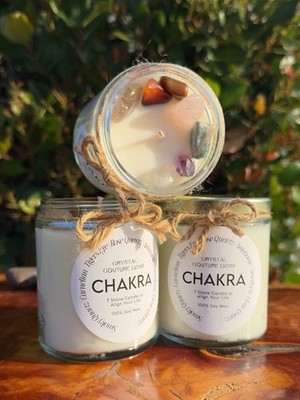 Chakra Crystal Soy Candle w/ Amethyst Point & Healing Stones Meditation Energy