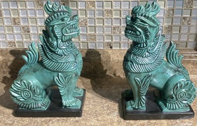 2 Vintage Arnels Ceramic Fung Shui Foo Dog Lion Sculpture TEAL Blue Signed 1974