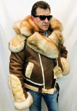 Men's 100% Sheepskin Leather Shearling Fur Jacket Whiskey Bomber B3 Pilot Coat