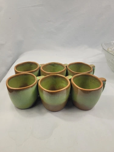 Vtg Frankoma Pottery 5C Plainsman Green Coffee Mugs Set/6 1980s Discontinued  90