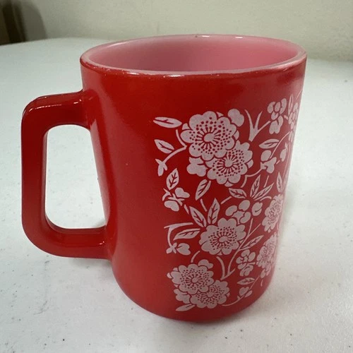 Vintage FEDERAL Bright Red White Flowers Floral  Coffee Mug MILK GLASS Ex Con